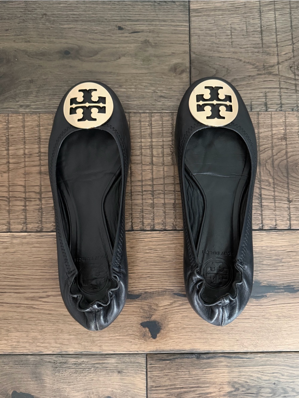 Tory Burch Black Leather Ballet Flats with Gold Logo Medallions size 6